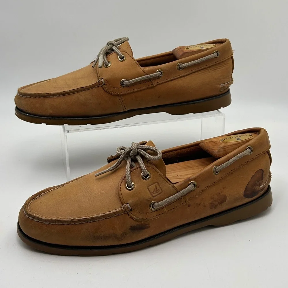 Sperry Boat Shoes Mens 9.5W Tan Leather 2-Eye Authentic Original Prep Nautical